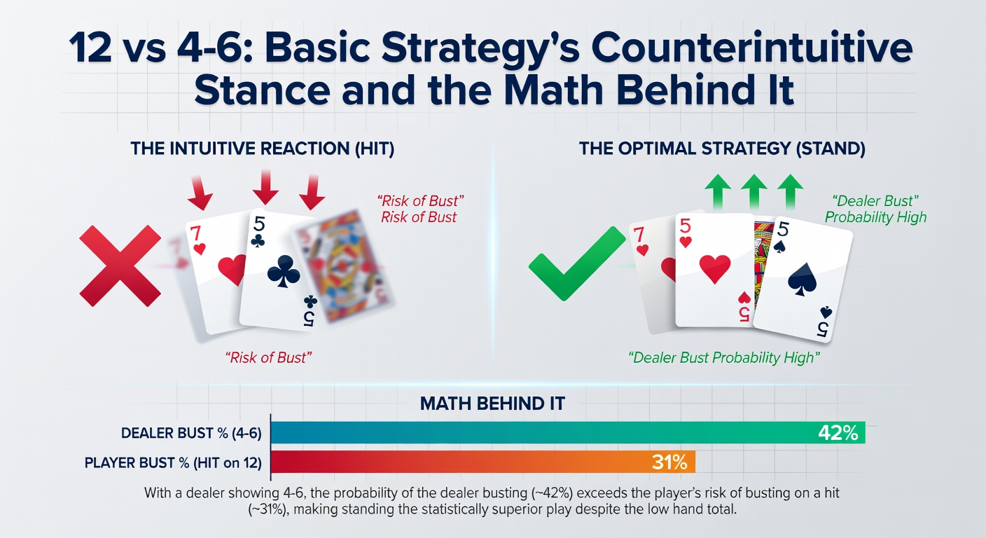 Blackjack basic strategy chart highlighting the hit decision for player 12 against dealer 4, 5, or 6 upcards