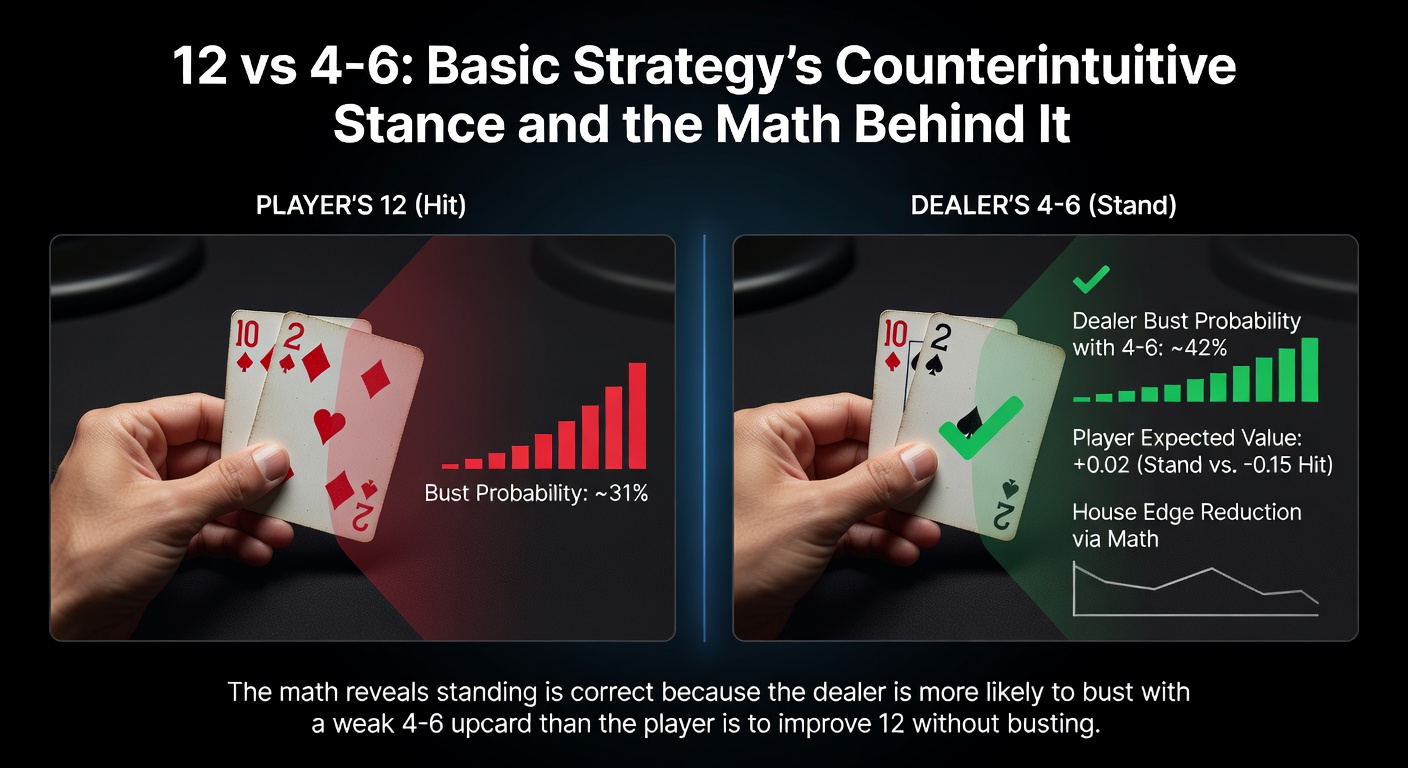 Detailed probability chart showing expected values for hitting versus standing on 12 against dealer 4-6