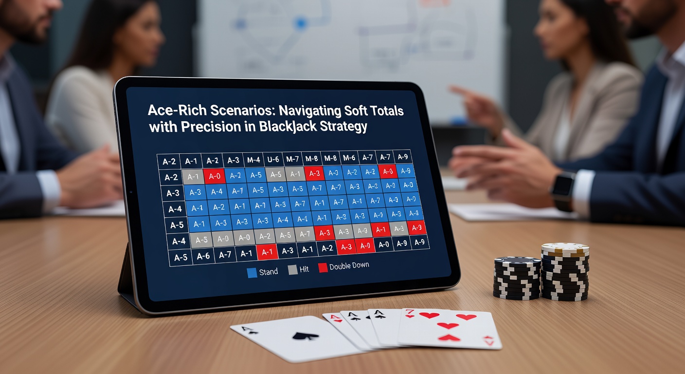 Blackjack table showing a soft total hand with ace and cards, dealer upcard visible, highlighting strategic decision point