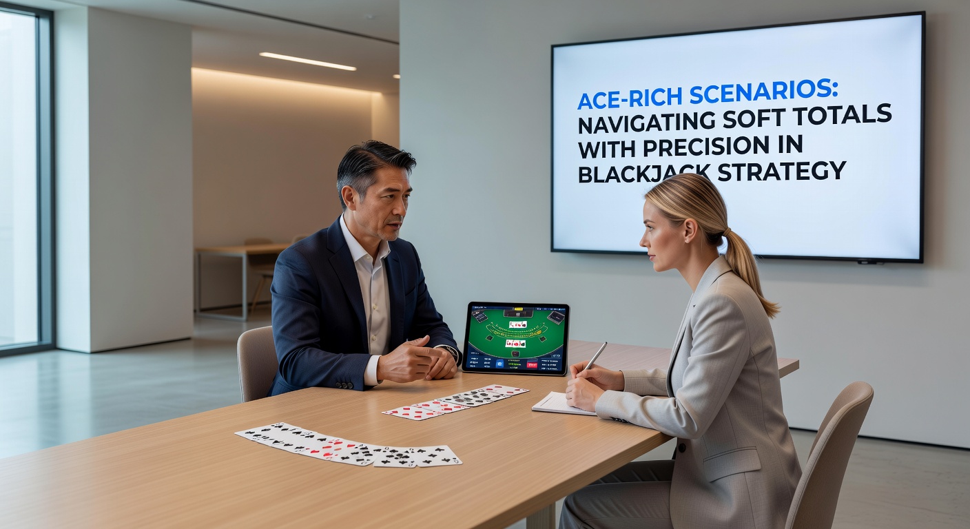 Close-up of blackjack strategy chart focusing on soft totals, with ace-rich count adjustments highlighted in a casino setting