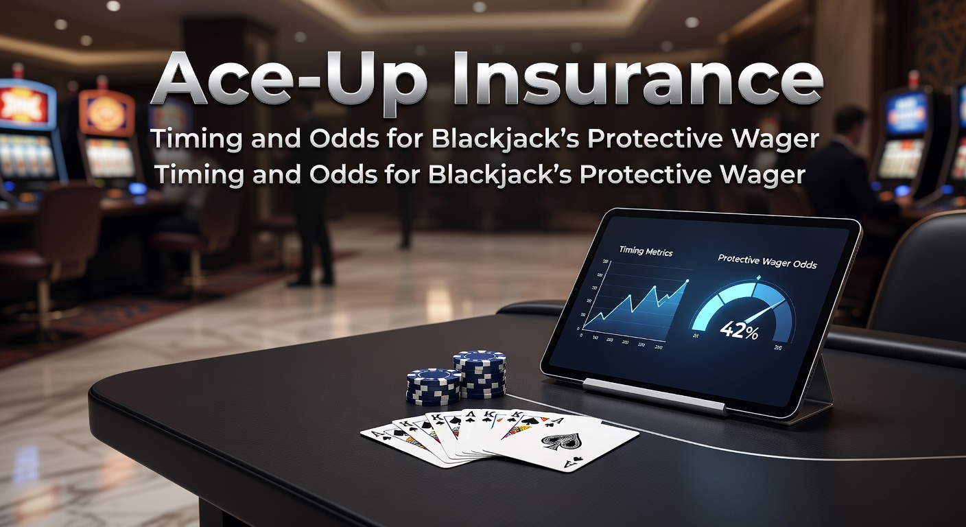 Blackjack table showing dealer with ace upcard and insurance bet line active, with chips placed on insurance spot