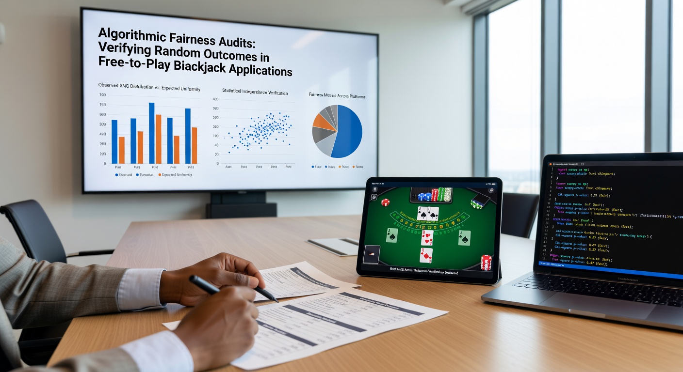 Auditors reviewing statistical test results and RNG output logs from blackjack simulation software