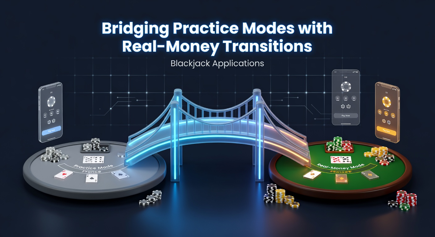 Blackjack app interface showing practice mode transitioning to real money options with chips and cards displayed