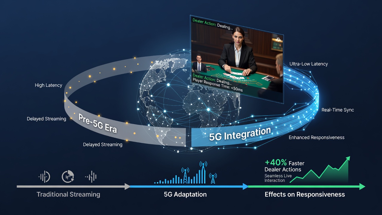 Live dealer blackjack table with high-speed network overlays showing reduced latency during card distribution