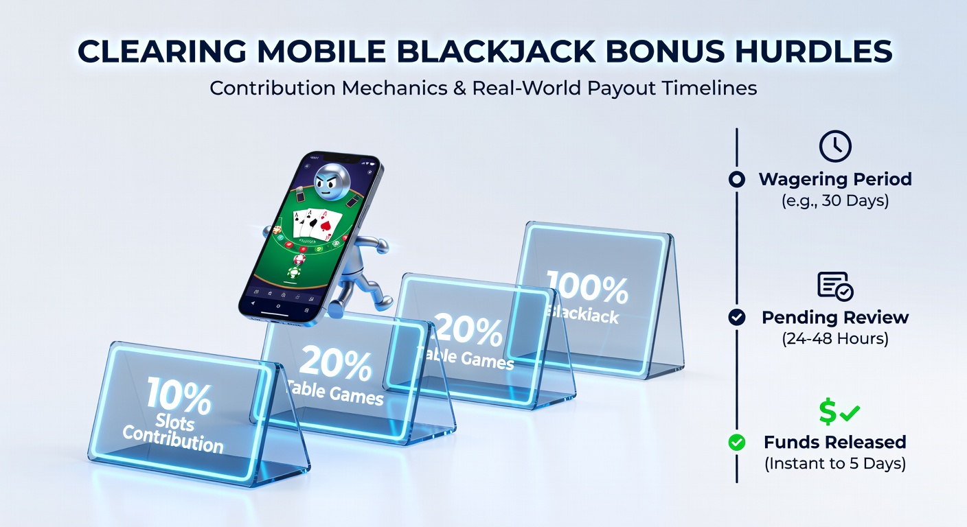 Smartphone displaying a mobile blackjack bonus offer with wagering progress bar and contribution details