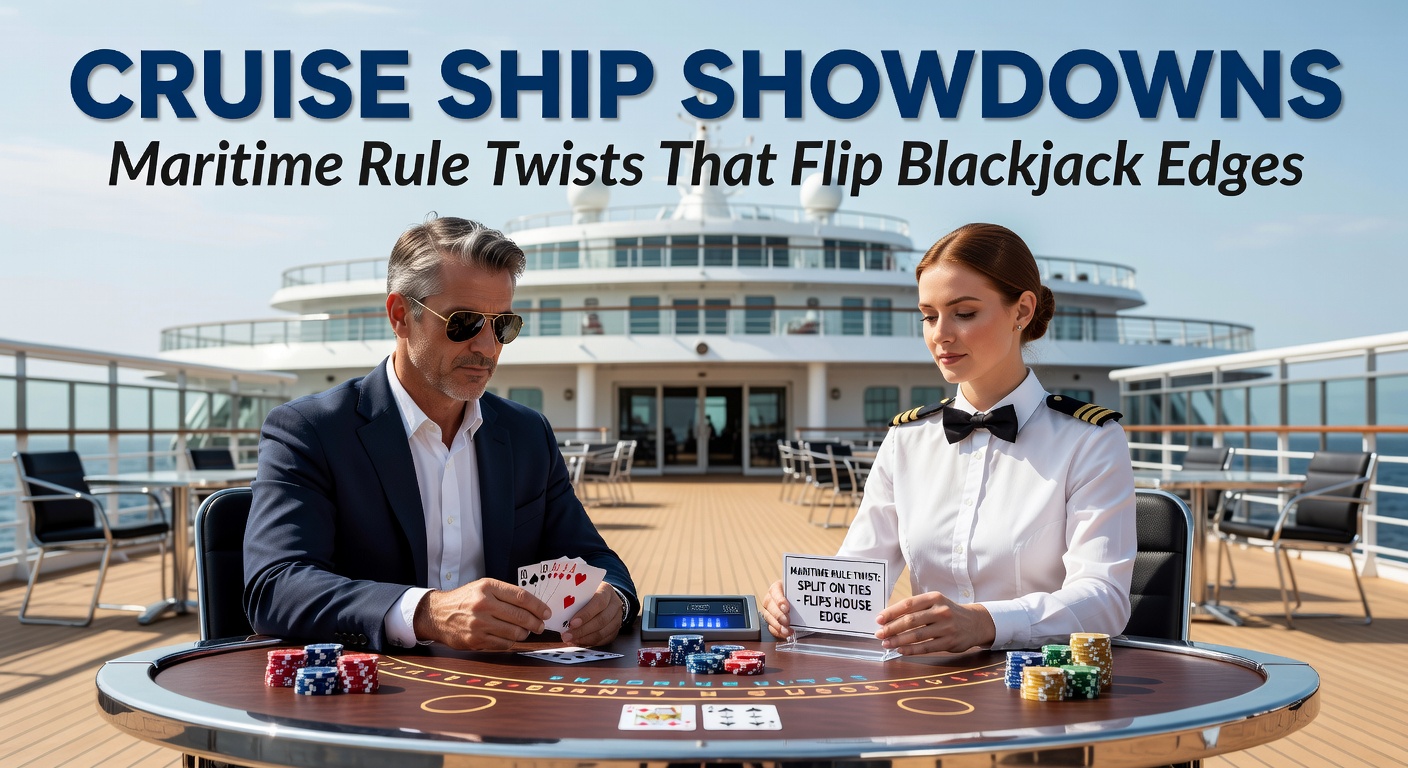 Vibrant cruise ship casino floor packed with blackjack tables under neon lights, players huddled around amid ocean views