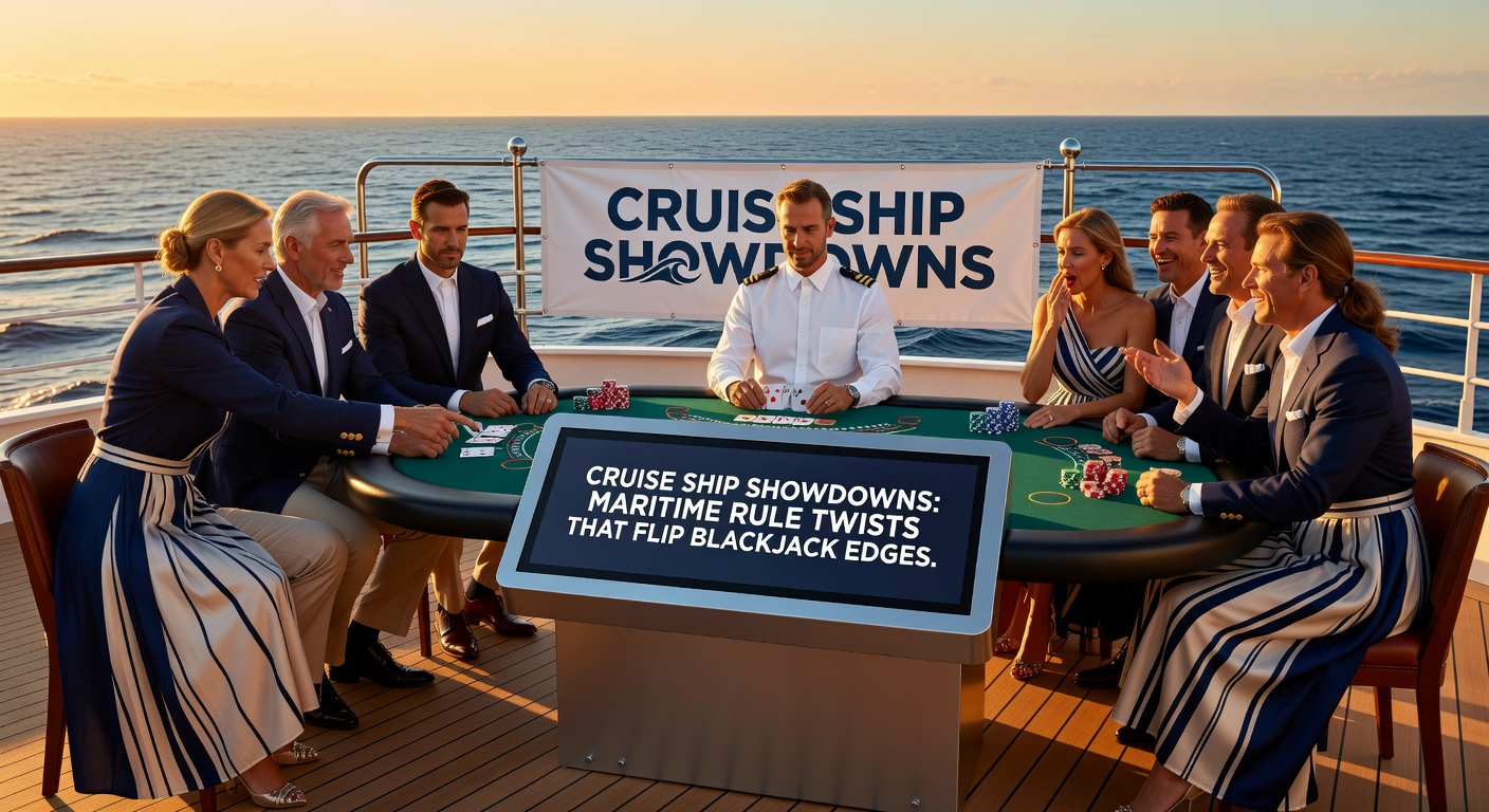 Close-up of a blackjack hand on a cruise ship table, dealer revealing a strong upcard while ocean waves visible through porthole