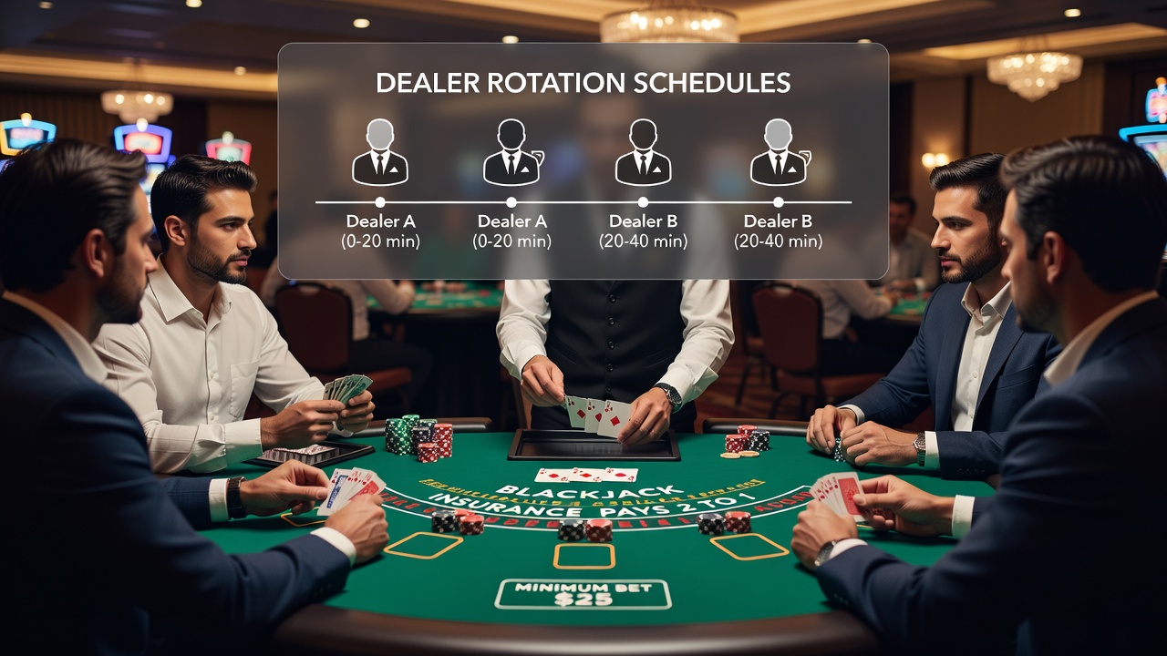 Live blackjack table with dealers rotating during a shift change at a busy casino floor