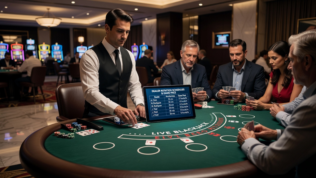 Close-up view of a blackjack dealer exchanging positions with a colleague during a scheduled rotation