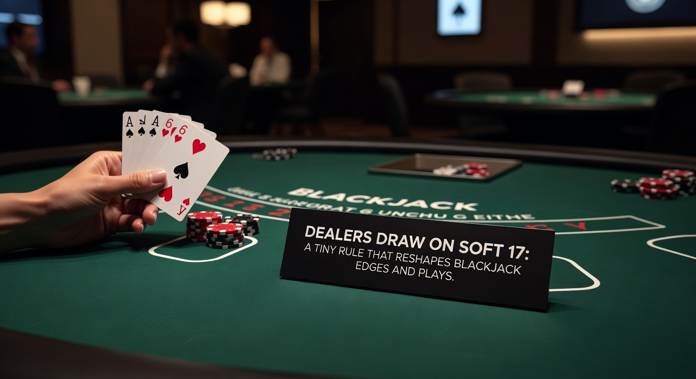 Close-up of a blackjack table showing a dealer holding a soft 17 hand with an ace and six, highlighting the decision point in play