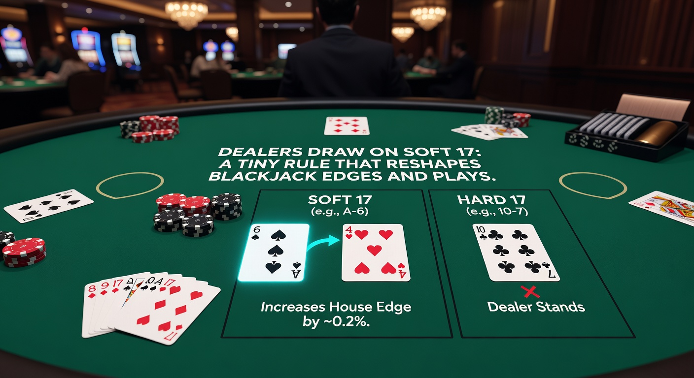 Blackjack strategy chart excerpt comparing hit vs stand on soft 17 rules, with highlighted cells showing key player decisions