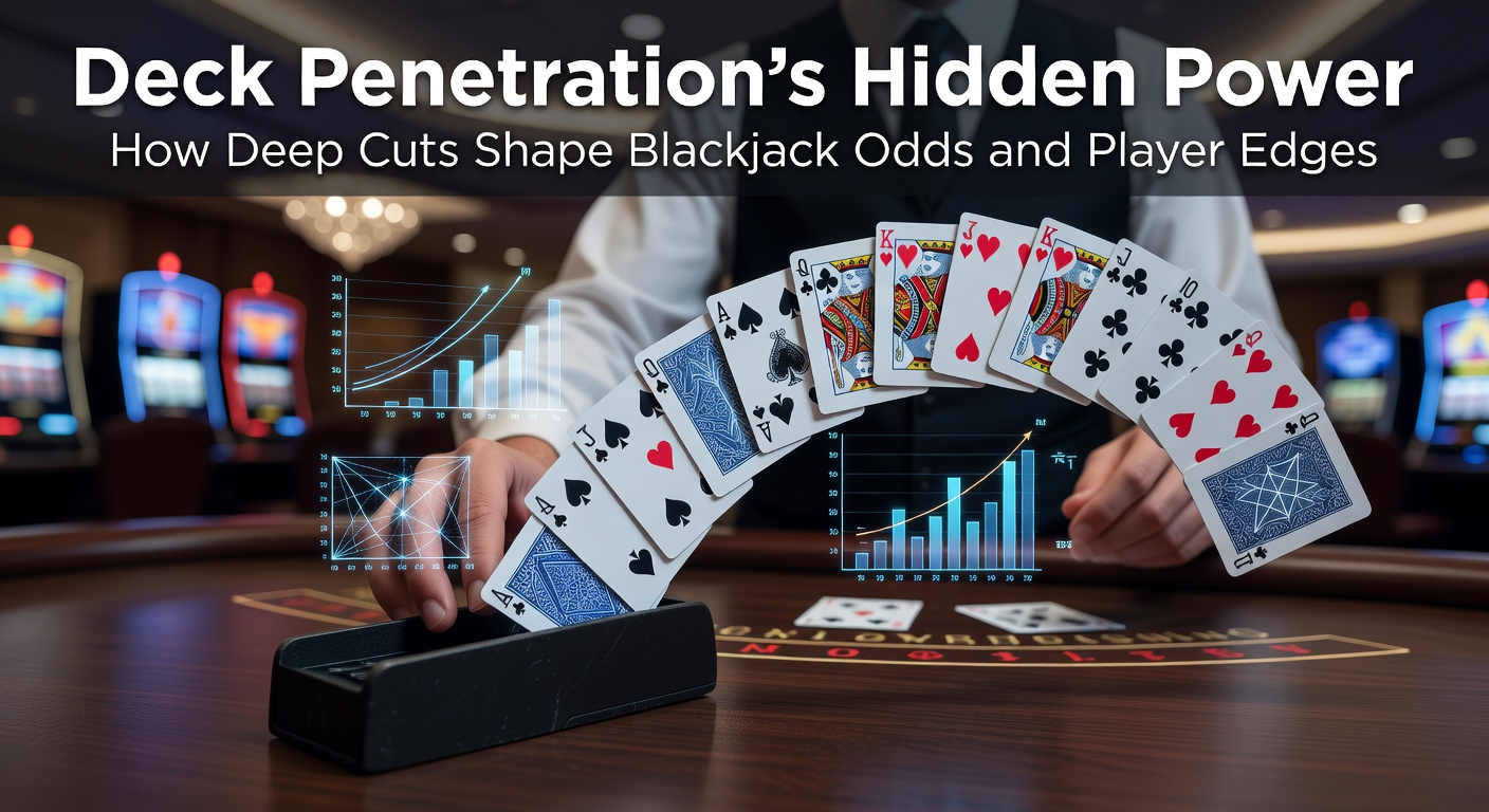 Illustration of a blackjack dealer cutting deep into a multi-deck shoe, revealing cards dealt far into the pack