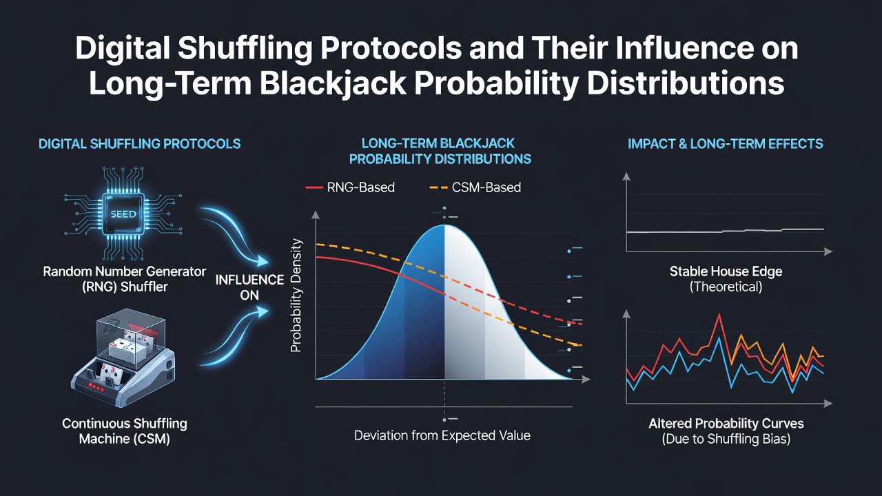 Statistical graphs comparing theoretical and observed blackjack outcome frequencies under certified digital shuffle protocols