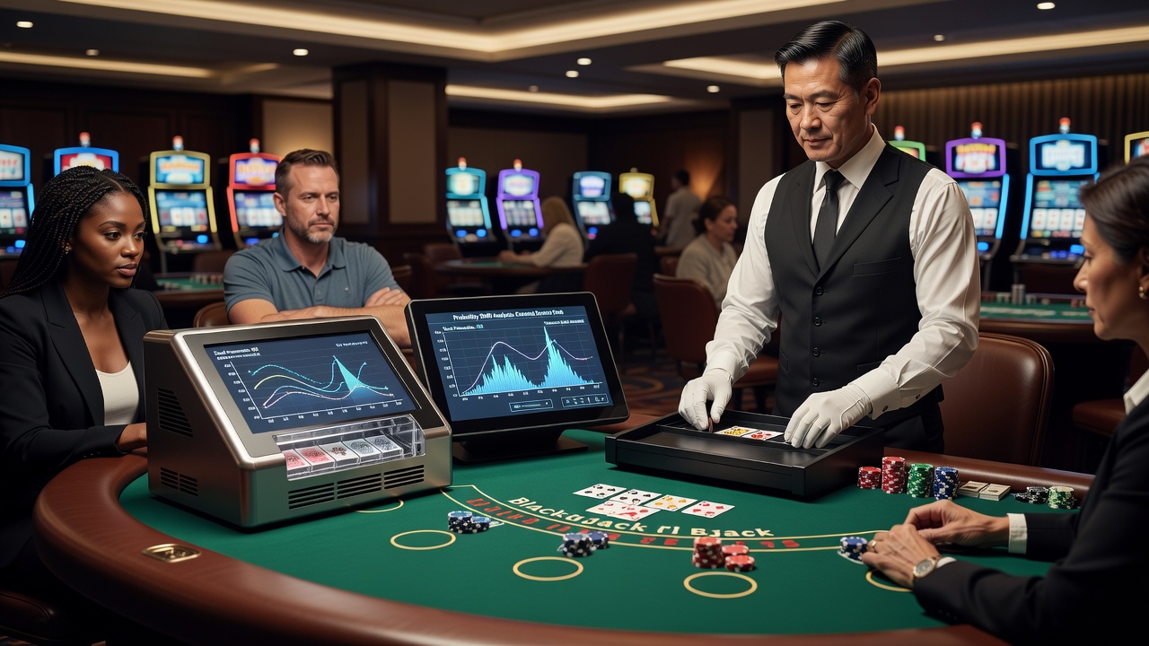 Continuous shuffle machine operating at a regulated casino blackjack table during extended play