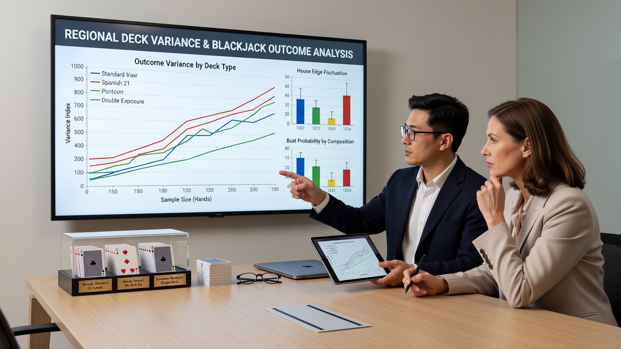 Statistical chart displaying variance ranges across different regional blackjack deck standards