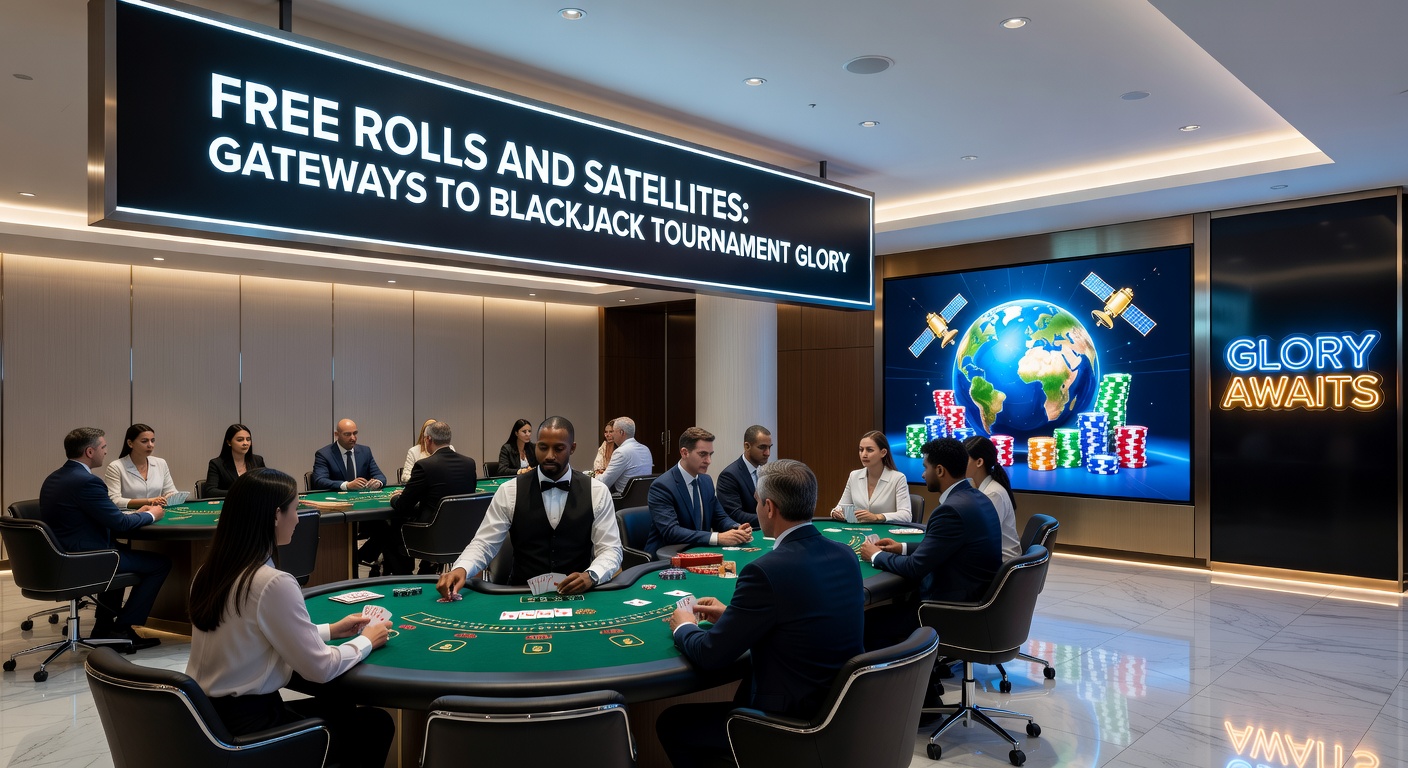 Players competing intensely at a blackjack tournament table, chips stacked high amid the buzz of free roll excitement