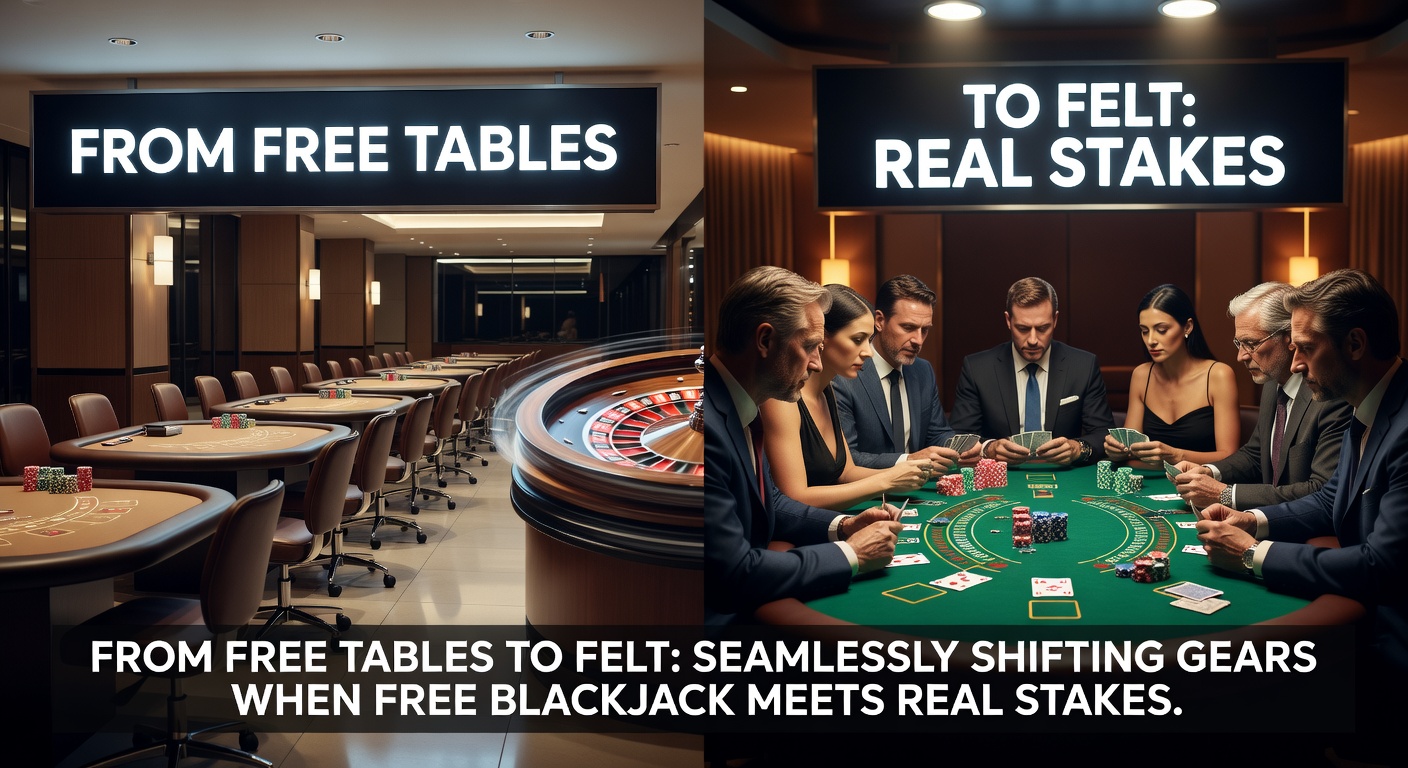 Player transitioning from a free online blackjack table to a live casino felt, highlighting the shift from practice chips to real money action