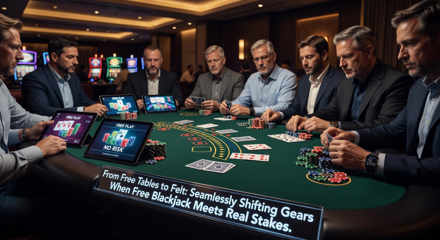 Close-up of a blackjack hand on green felt with real chips stacked high, contrasting virtual practice screens in the background