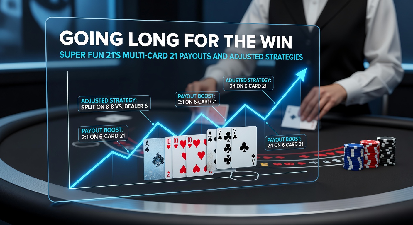 Strategy chart for Super Fun 21 comparing standard blackjack hits to aggressive multi-card plays, with payout icons