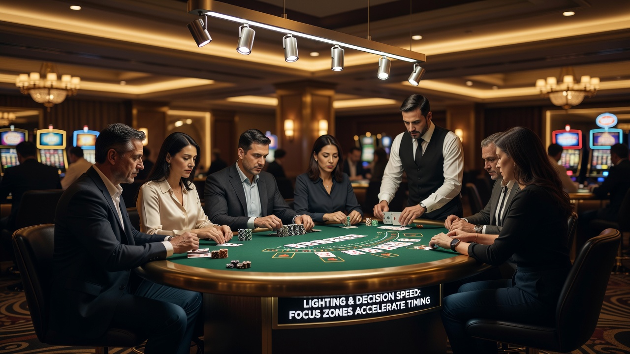 Close-up of blackjack table under adjustable LED lighting with players reviewing cards