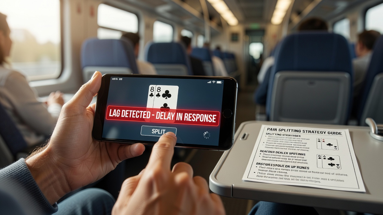 Player's hands interacting with a tablet blackjack interface during a live session, highlighting split decision buttons