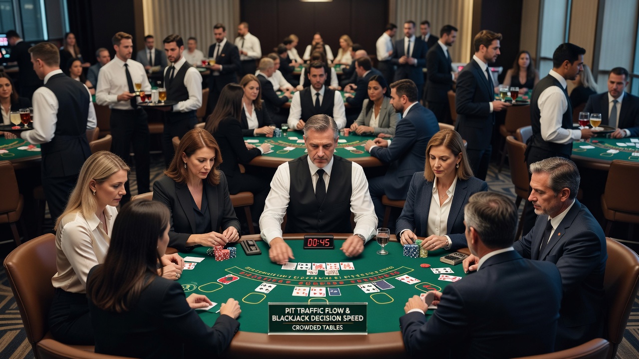 Overhead view of blackjack pit traffic with dealers and players interacting at full tables