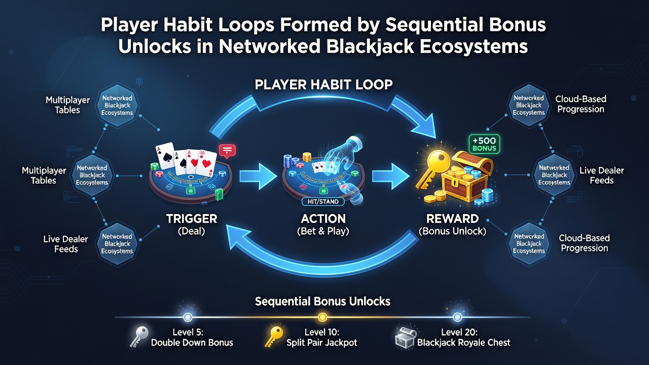 Networked blackjack platform interface showing sequential bonus progress indicators and player engagement metrics
