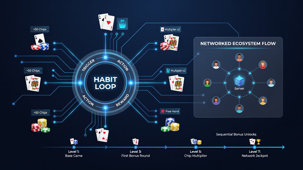 Data visualization of player retention curves across networked blackjack platforms with sequential bonus milestones marked