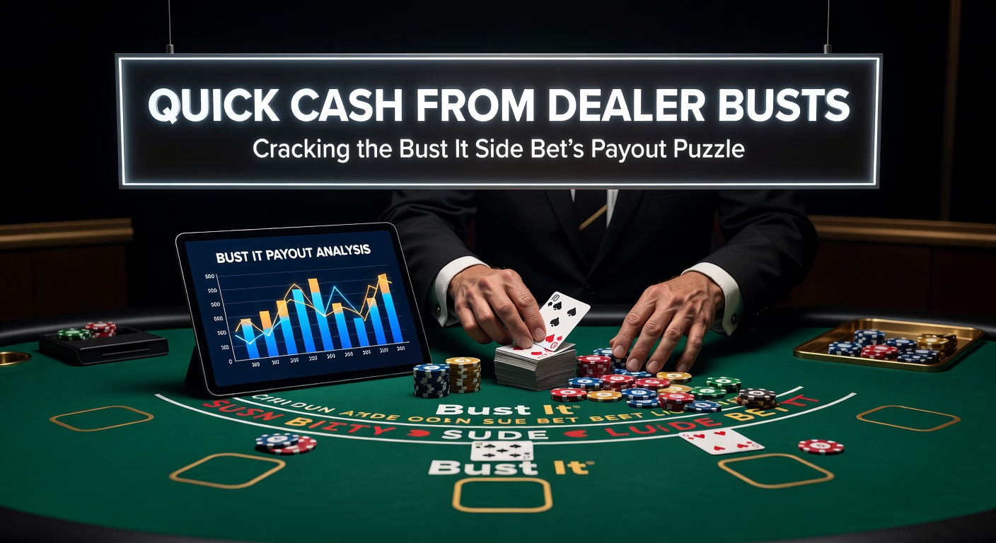 Close-up of dealer hand busting with six cards totaling 22, illustrating a mid-tier Bust It payout scenario on a vibrant casino felt