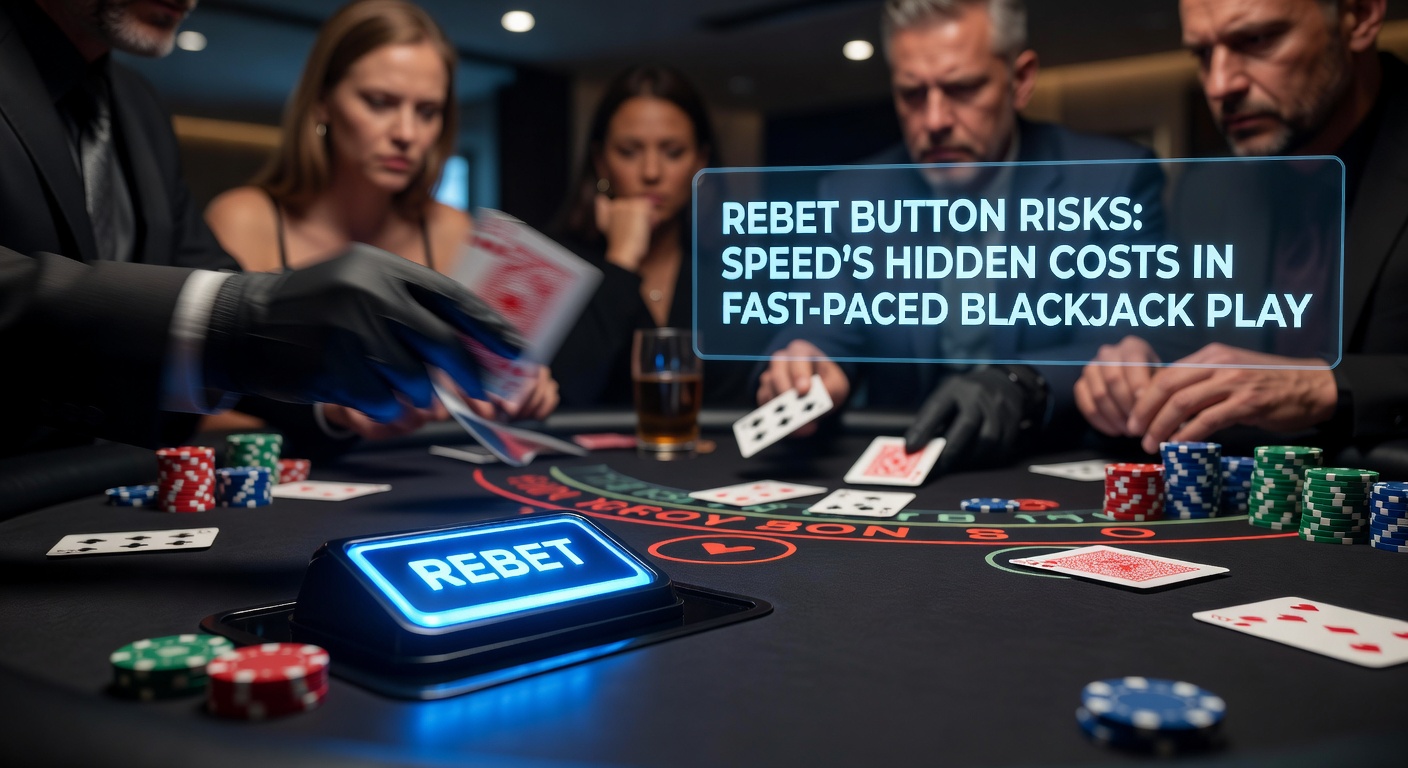 Close-up of a frustrated player at a digital blackjack table, hands hovering over the rebet button as losses mount on the screen