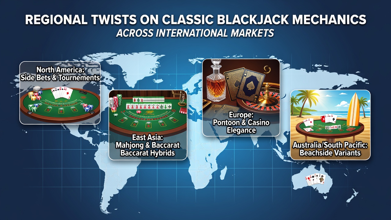 Blackjack table setup showing regional card layouts and rule indicators in an international casino