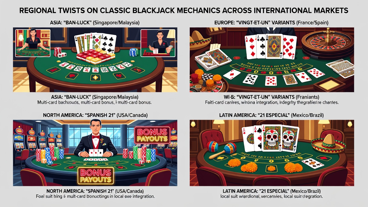 International blackjack players reviewing rule cards at a multi-region tournament table