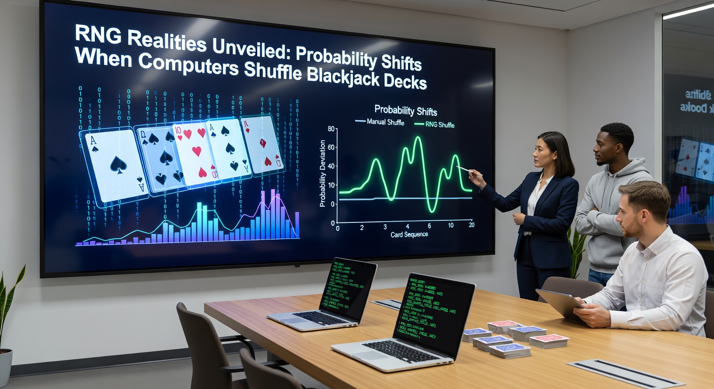 Graph comparing probability distributions in RNG versus physical blackjack shuffles, showing near-identical card frequencies over extensive trials