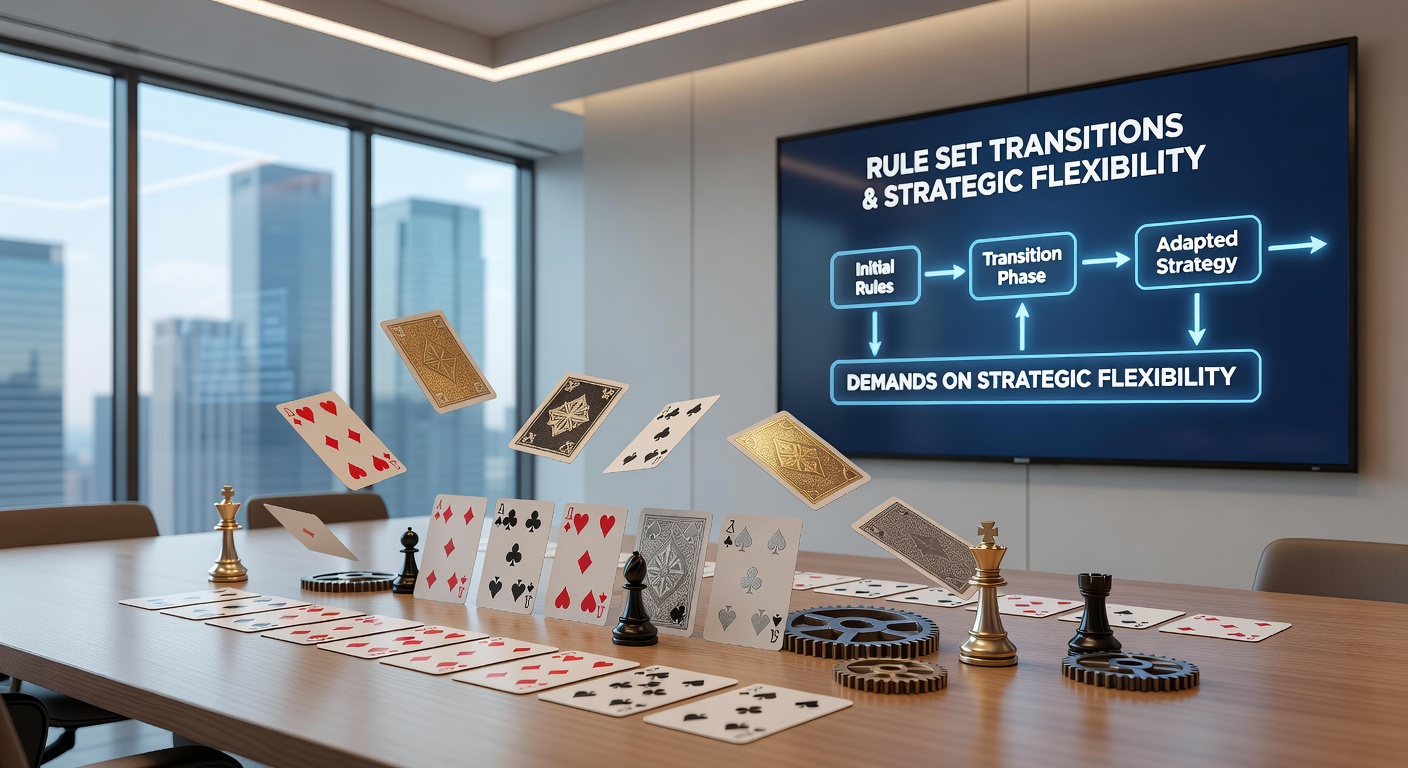 Professional blackjack players reviewing strategy adjustments at a championship event with rule cards and probability charts visible