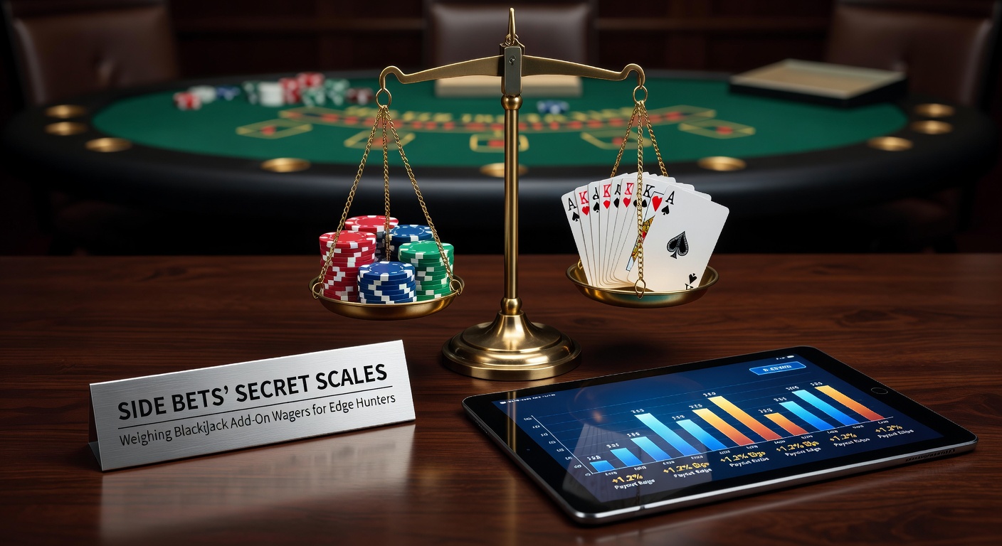 Blackjack table featuring colorful side bet options glowing under casino lights, highlighting add-on wagers like Perfect Pairs and 21+3