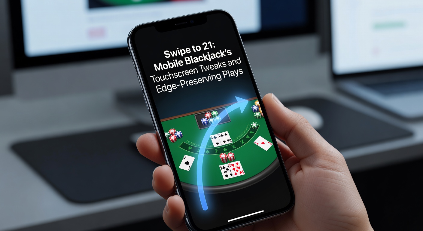 Player swiping on a mobile blackjack table, fingers gliding across vibrant touchscreen cards and chips