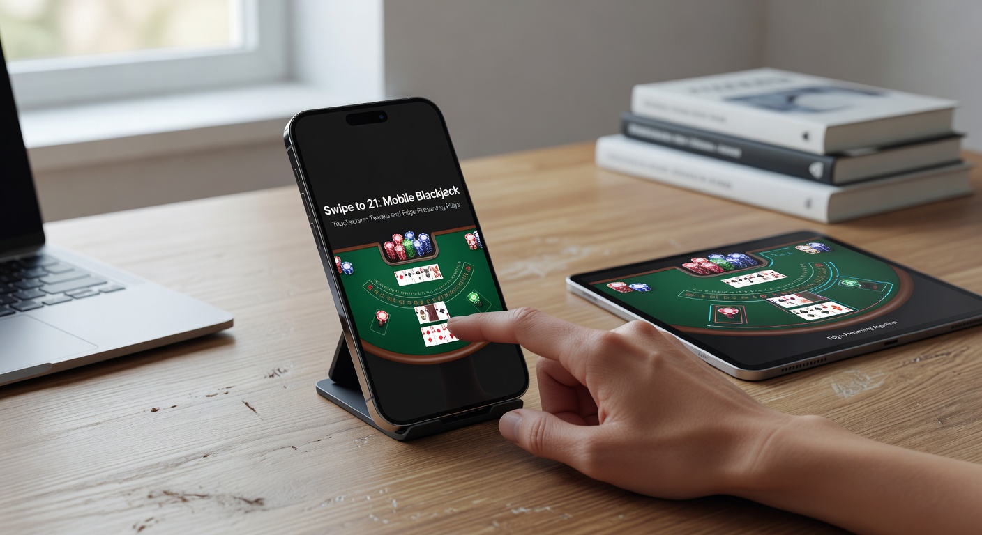 Close-up of touchscreen blackjack interface showing swipe gestures for hit, stand, double, with glowing chips and animated cards