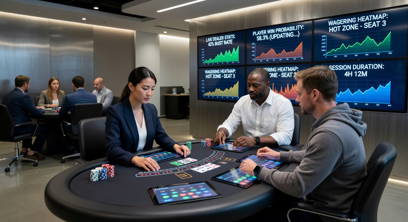 Blackjack player reviewing live data overlays on a tablet during an extended casino session