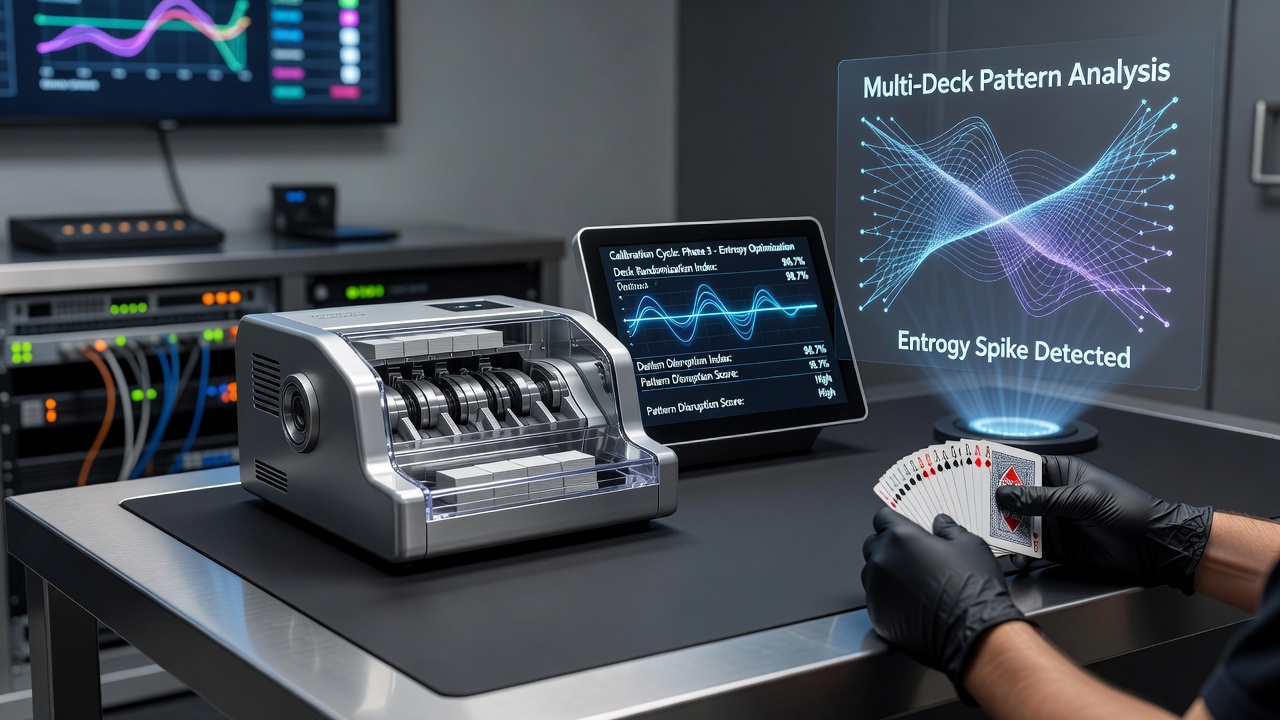 Shuffle machine in operation at a multi-deck blackjack table with cards being fed into the device