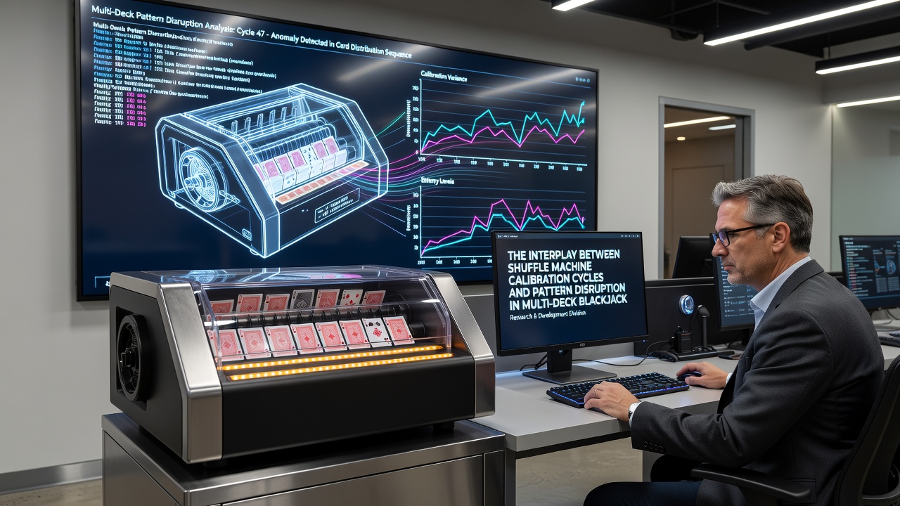 Technician performing calibration check on an automatic card shuffler used in casino blackjack games