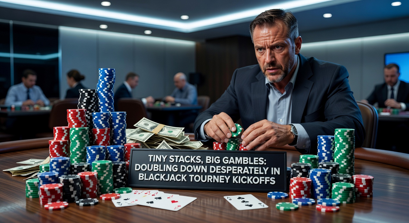 A tense blackjack tournament table where a player with a small chip stack contemplates a bold double-down bet against the dealer