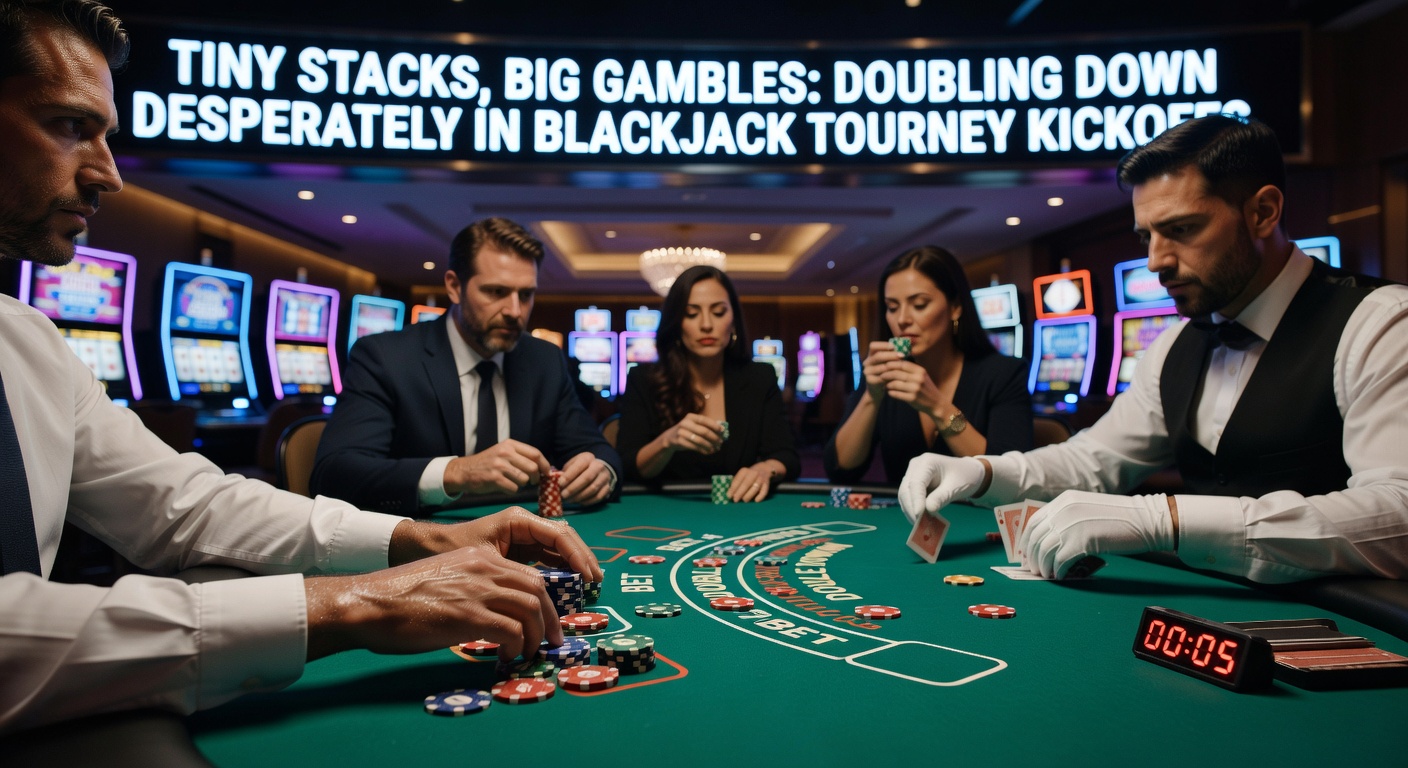 Close-up of a blackjack player pushing double-down chips forward with a small remaining stack during an intense tournament round
