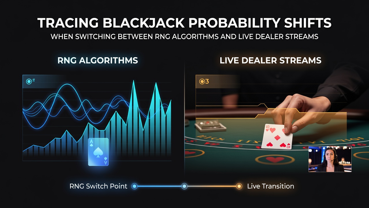 Split screen comparison of RNG card shuffle versus live dealer shoe on mobile device