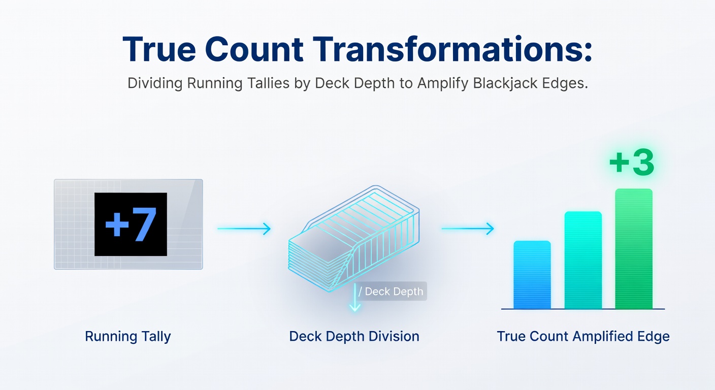 Visual representation of a blackjack card counting chart showing running count conversion to true count based on decks remaining