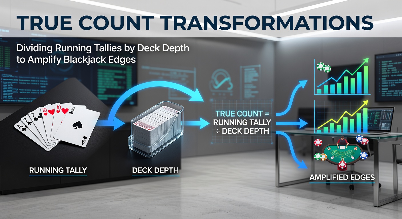 Diagram illustrating deck depth measurement in a blackjack shoe and true count formula application
