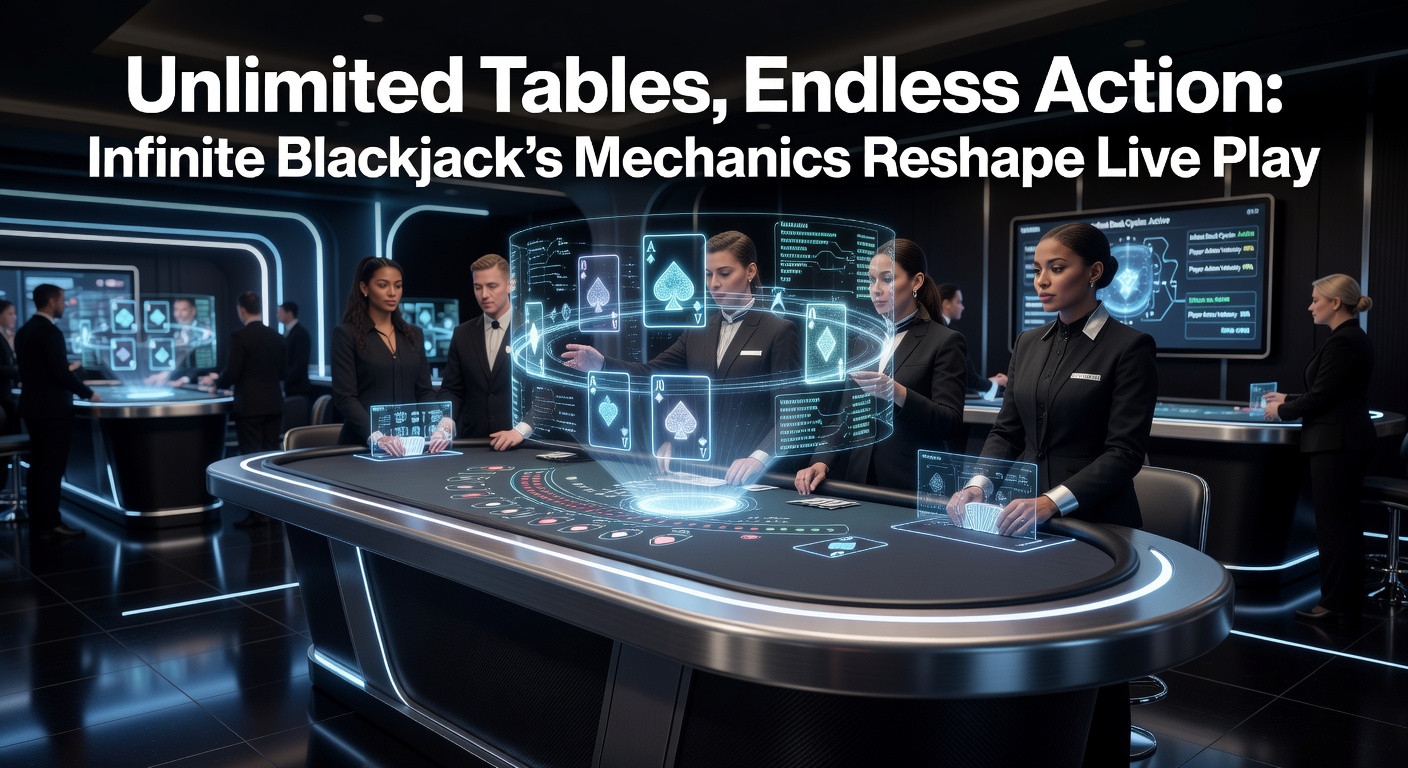 Live dealer streaming Infinite Blackjack table with multiple virtual betting spots illuminated on screen, showcasing endless player action