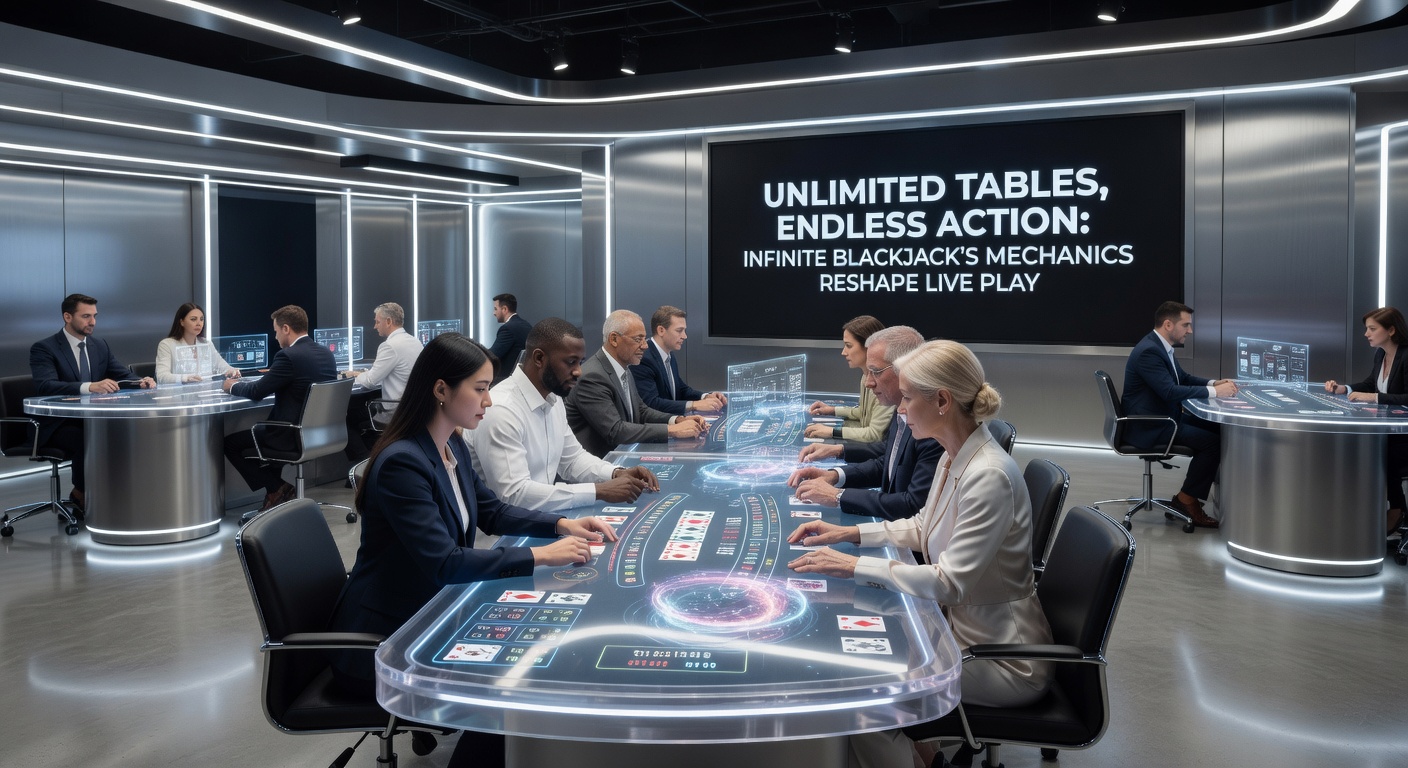 Close-up of Infinite Blackjack interface showing dozens of player bets stacking around central dealer cards, with chat bubbles and stats overlay