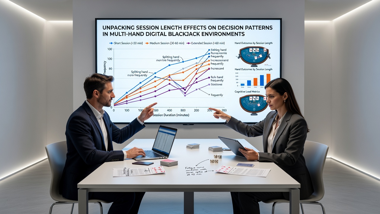 Analytics dashboard displaying session length versus decision deviation metrics in multi-hand blackjack