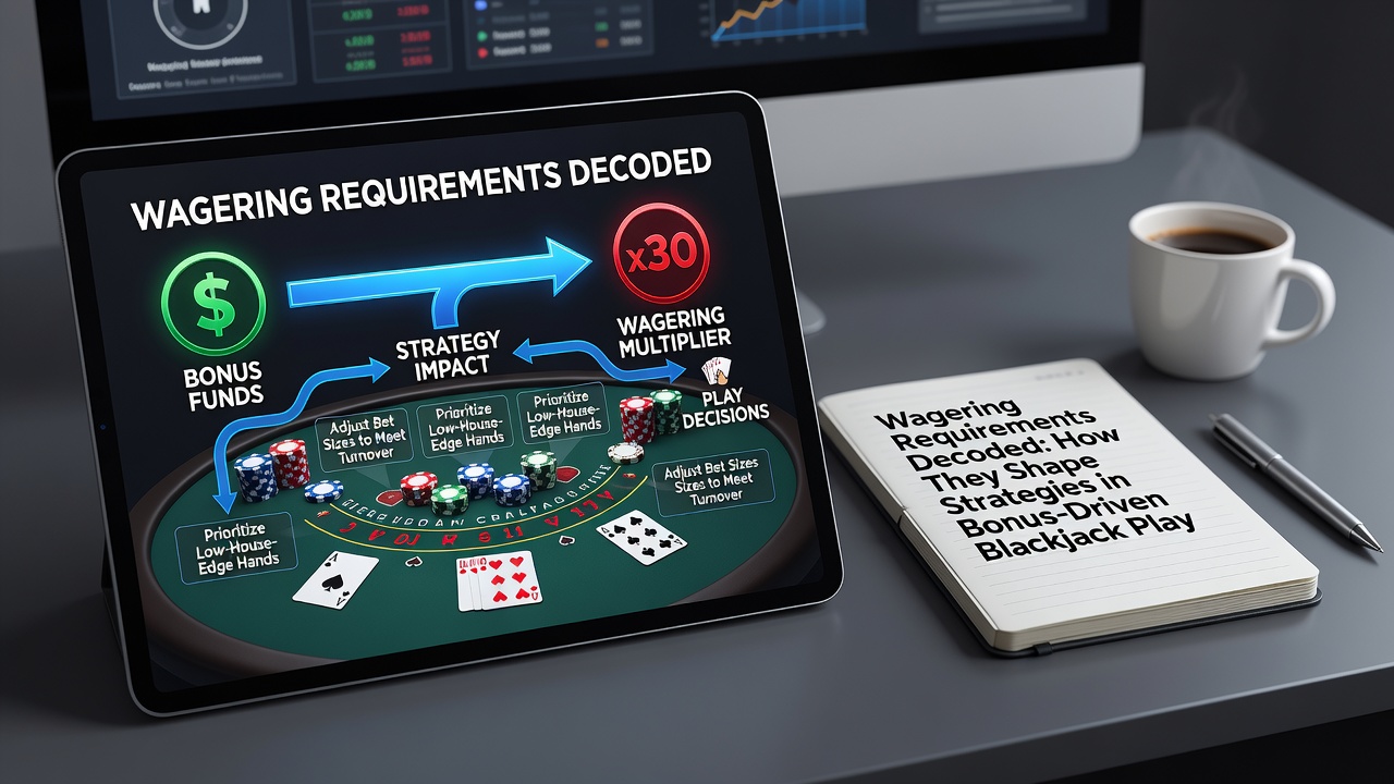 Blackjack table with bonus promotions and wagering requirement charts displayed on a digital interface