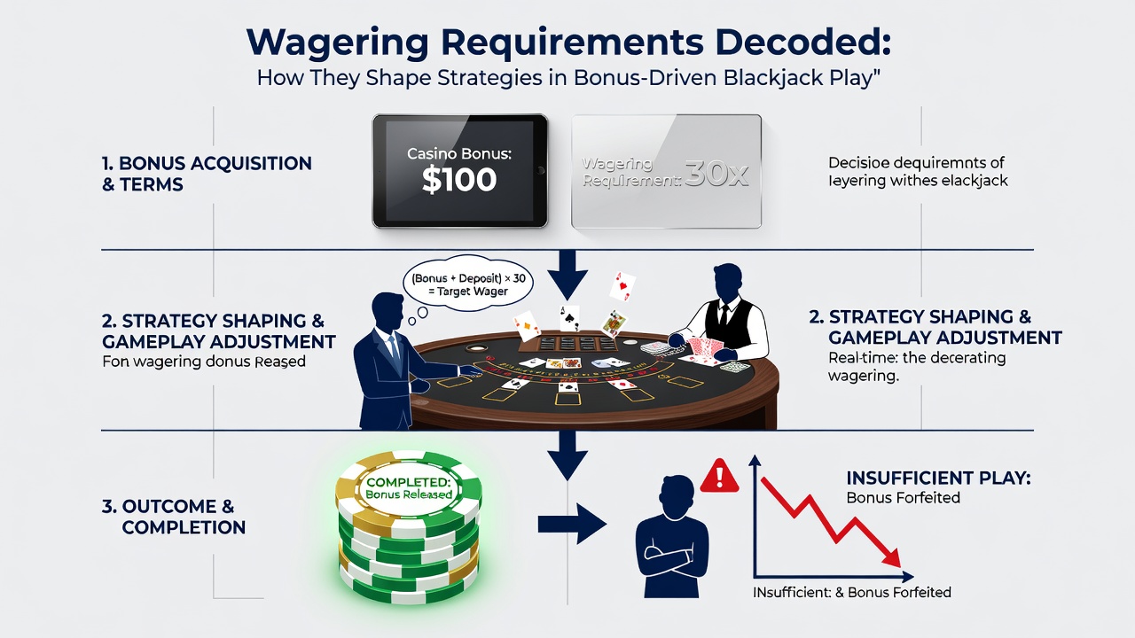 Player reviewing casino bonus terms on a tablet next to a blackjack layout with highlighted wagering metrics